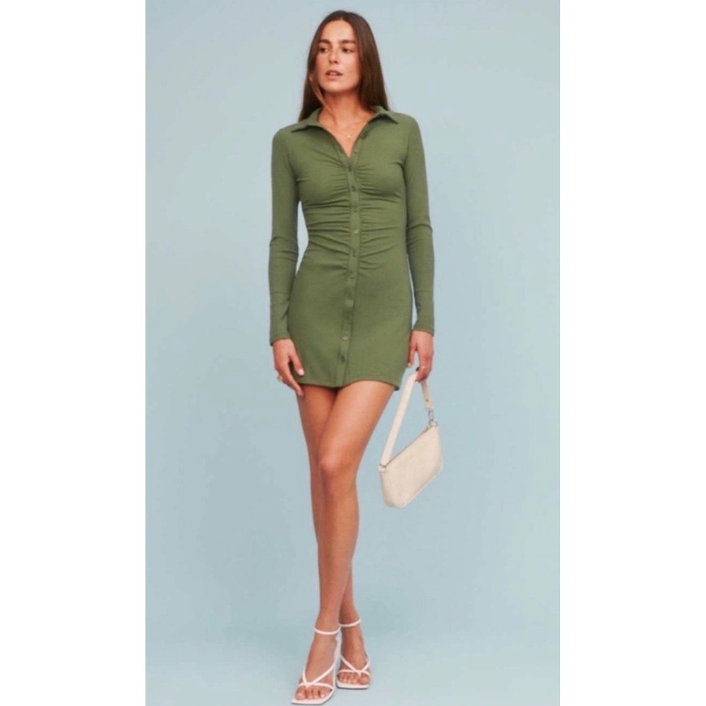 Reformation Amy Knit Green Ribbed Ruched Button Up Mini Dress Small